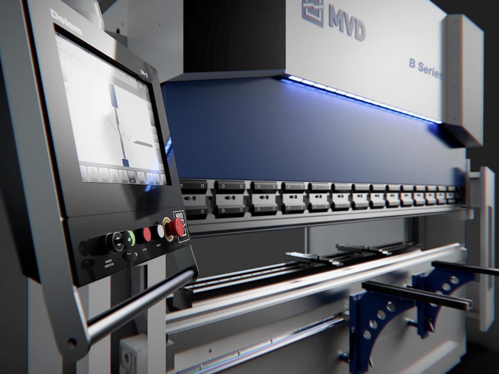 MVD iBend B Series élhajlító — CNC vezérlővel, LED-es munkatérrel és csúsztatható lemeztámasztó karokkal.